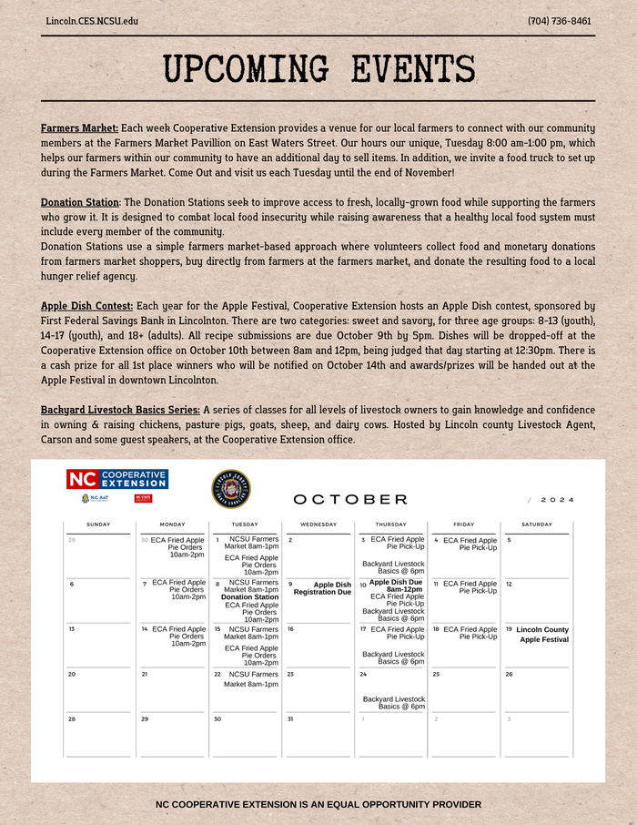 Page 4 of the October Newsletter with calendar and upcoming events