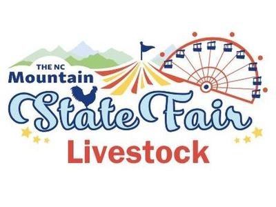 "The NC Mountain State Fair Livestock" text with mountains, tent, ferris wheel and chicken