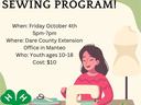 DARE COUNTY 4-H SEWING PROGRAM — Oct 4, 5–7pm, Dare County Extension Manteo; Youth 10–18; $10
