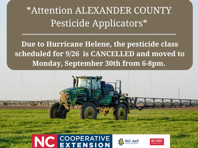 Attention ALEXANDER COUNTY pesticide applicators: class 9/26 CANCELLED; moved to Mon Sept 30 6–8pm