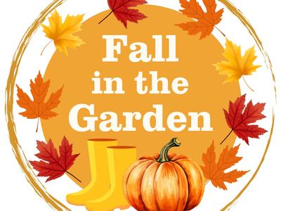 Fall in the Garden Logo with leaves, a pumpkin, and rubber boots