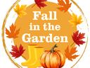 Fall in the Garden Logo with leaves, a pumpkin, and rubber boots