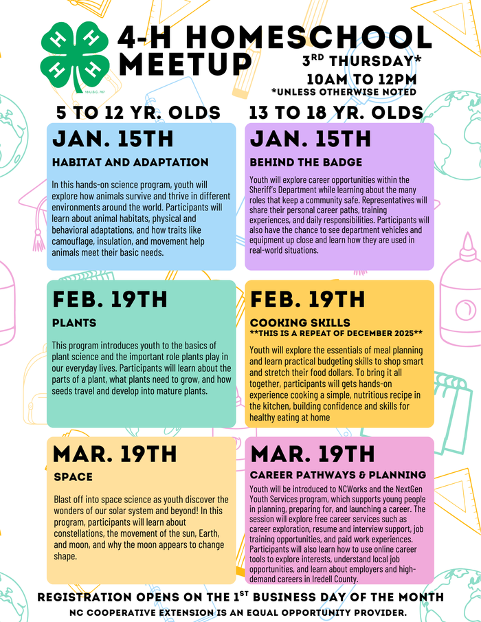 4-H Homeschool Meetup flyer listing Jan–Mar events for ages 5–18; registration opens 1st business day