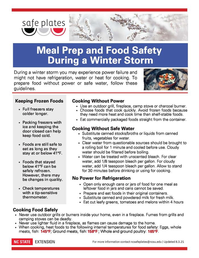 Meal Prep and Food Safety During a Winter Storm flyer, Safe Plates and NC State Extension