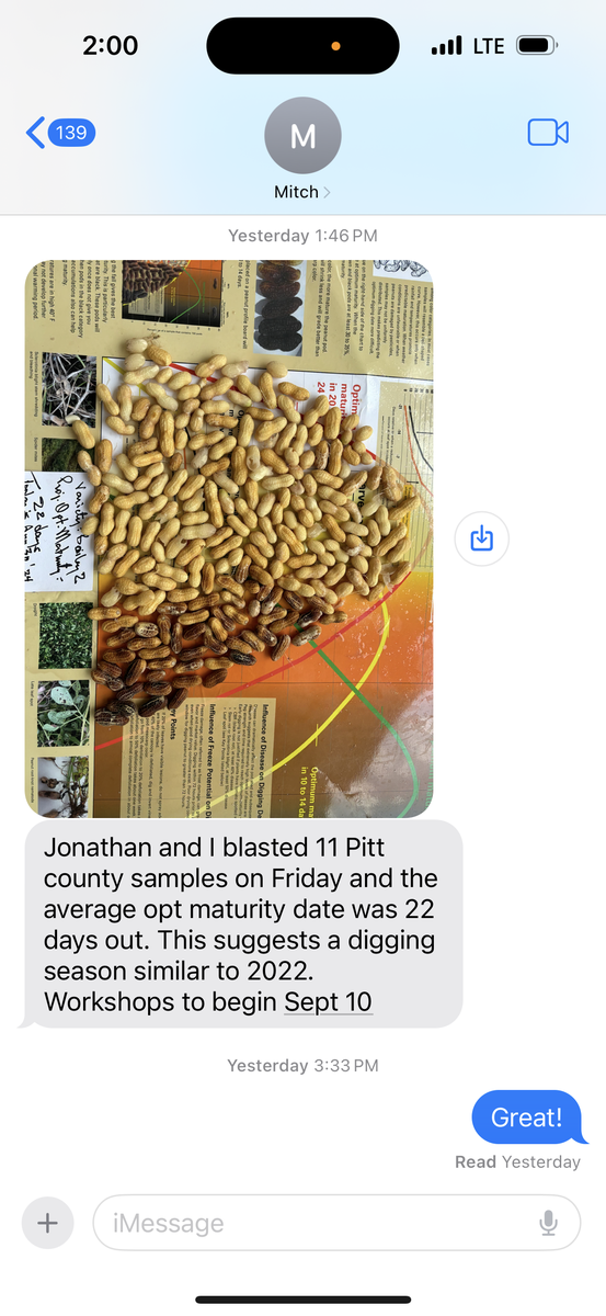 Peanuts on a graph that determines maturity with a comment that optimal maturity date was 22 days out. Workshops to begin Sept 10, digging season similar to 2022.