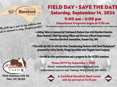 Field Day — Sept 14, 2024, 9:00am–3:00pm. NC Hereford Association; 7868 Hallmann Mill Rd, Vale NC