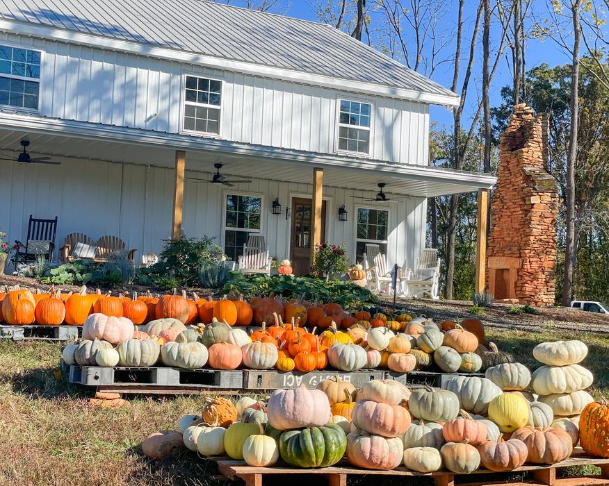 White farmhouse porch with pallets of assorted pumpkins in foreground and stone chimney