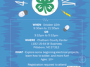 Blue background, 4-H Fun with STEM, 4-H Clover on white background.