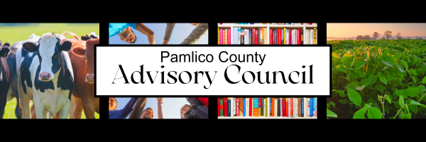 Collage featuring four images: cows, people, books, and soybean crops. The image includes the text ‘Pamlico County Advisory Council