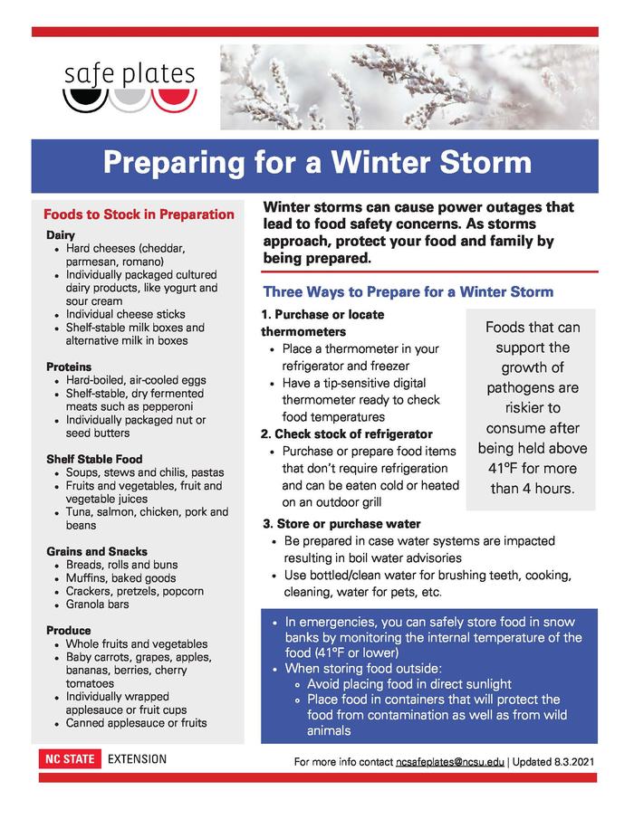 Preparing for a Winter Storm flyer listing foods to stock and three ways to prepare