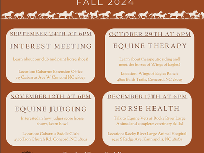 Equine Explorers Fall 2024: Sep 24 mtg; Oct 29 therapy; Nov 12 judging; Dec 17 health