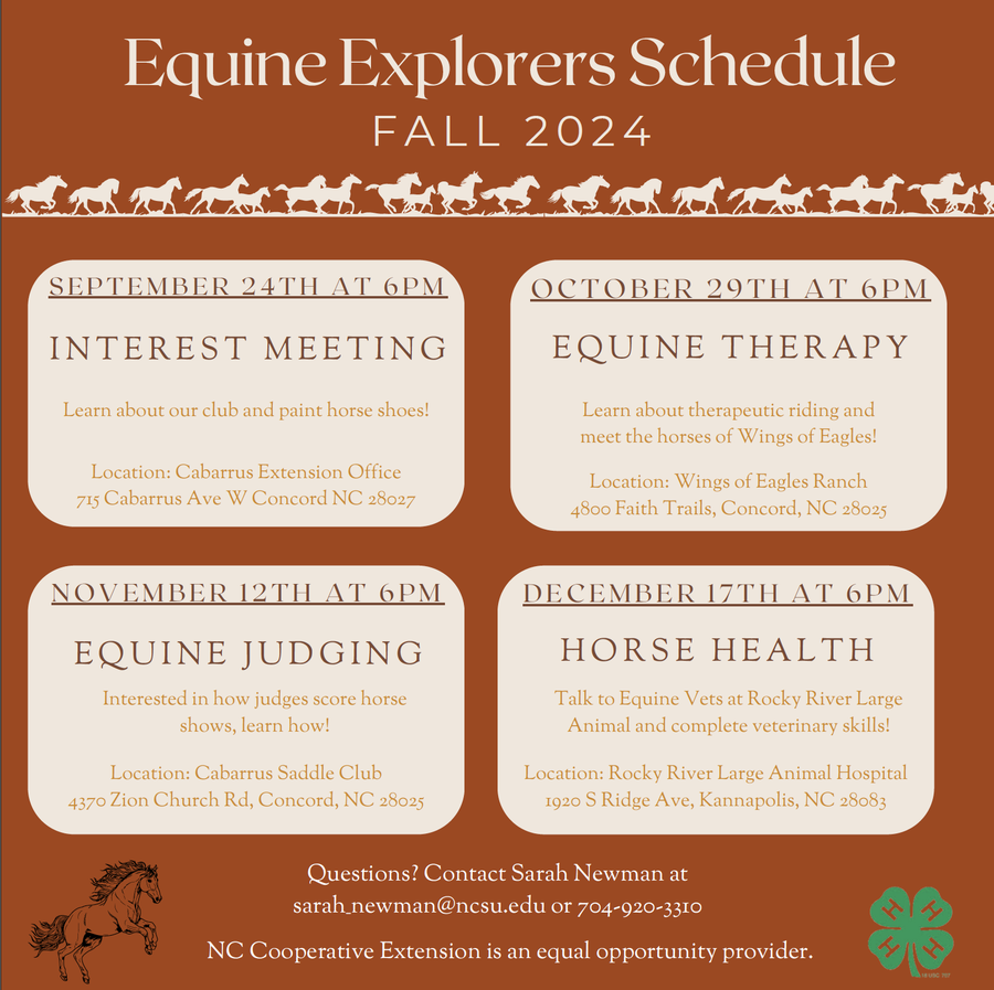 Equine Explorers Fall 2024: Sep 24 mtg; Oct 29 therapy; Nov 12 judging; Dec 17 health
