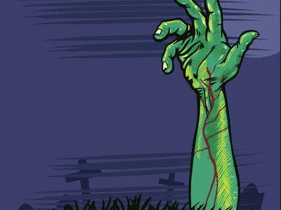 Green zombie hand with red veins reaching up from ground behind grass and grave markers