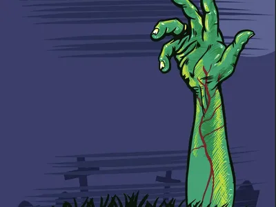 Green zombie hand with red veins reaching up from ground behind grass and grave markers