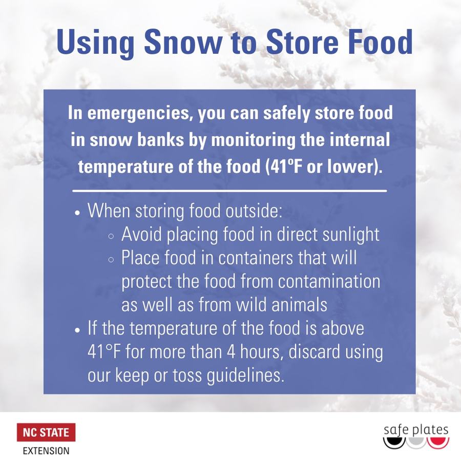 Using Snow to Store Food: store in snow banks; keep internal temp 41°F or lower.
