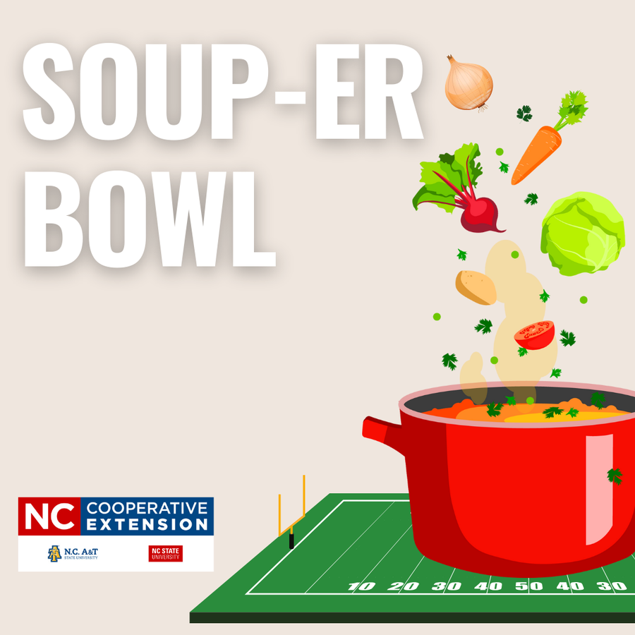 Soup-er Bowl text over image of red soup pot with food ingredients above sitting on a football field