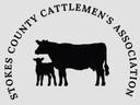 A black cow with a black calf in front of her under the words Stokes County Cattlemen's Association
