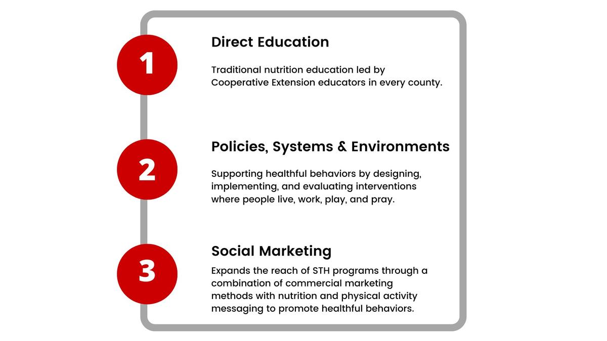 Three-part diagram: 1 Direct Education; 2 Policies, Systems & Environments; 3 Social Marketing.