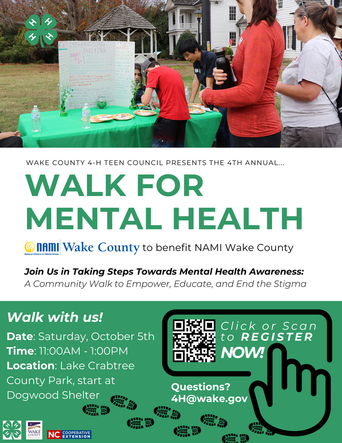 People at a table and a poster reading "WALK FOR MENTAL HEALTH" — Oct 5, 11AM-1PM, Lake Crabtree