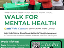 People at a table and a poster reading "WALK FOR MENTAL HEALTH" — Oct 5, 11AM-1PM, Lake Crabtree