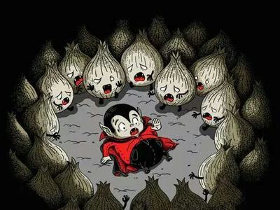 Child vampire in red cape lying on ground surrounded by a ring of crying garlic bulbs