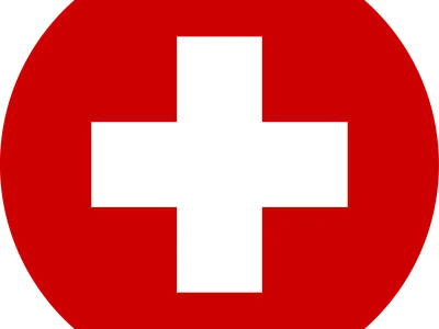 Red circular background with a centered black plus sign