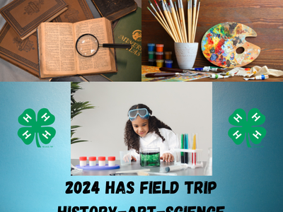 Books, magnifier; paint palette; child doing science; text 2024 HAS FIELD TRIP HISTORY-ART-SCIENCE