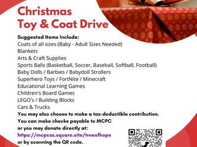 Christmas Toy & Coat Drive flyer listing suggested items and drop-off details