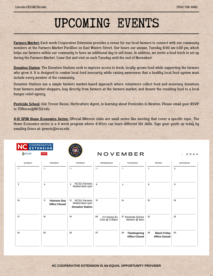 Upcoming Events : Farmer's Market, Donation Station, Pesticide School, 4-H Spin Series