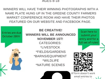 Greene County 4-H Photography Contest; ages 8–18; entries due Oct 28; winners announced Nov 1