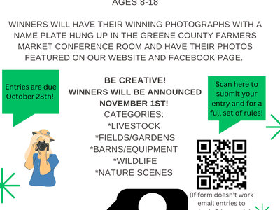 Greene County 4-H Photography Contest; ages 8–18; entries due Oct 28; winners announced Nov 1
