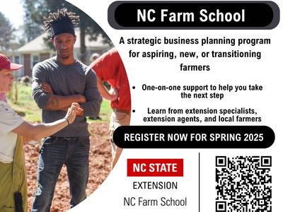 NC Farm School flyer: people talking on a farm; text "NC Farm School" and "REGISTER NOW FOR SPRING 2025"