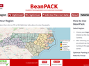 BeanPACK webpage showing North Carolina regional map with selectable regions and "Select Your Region"