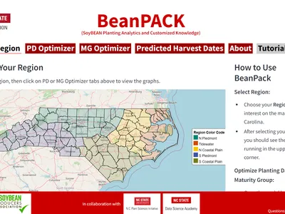 BeanPACK webpage showing North Carolina regional map with selectable regions and "Select Your Region"