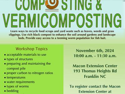 Worm Basics Workshop flyer: Composting & Vermicomposting; Nov 6, 2024 10–11:30; 828-349-2046