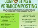 Worm Basics Workshop flyer: Composting & Vermicomposting; Nov 6, 2024 10–11:30; 828-349-2046
