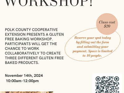 Gluten-free baking workshop poster — Nov 14, 2024 10:00am–12:00pm, class cost $20, QR code