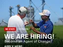 Two men in field examine a plant; text "NC STATE EXTENSION WE ARE HIRING! Become an Agent of Change"