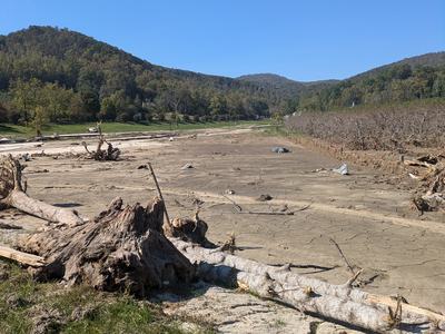 Dry cracked riverbed with uprooted logs and bare trees below forested hills
