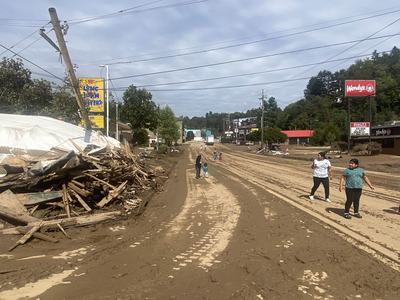Residents observing the aftermath of Hurricane Helene near Biltmore Village in Asheville, N.C.