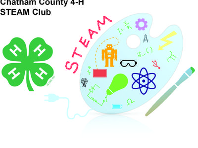 4-H clover beside an artist palette labeled "STEAM" with science, tech, engineering icons