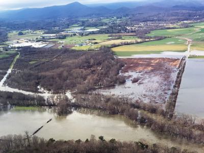 Aerial view of flooded farm fields in Western North Carolina