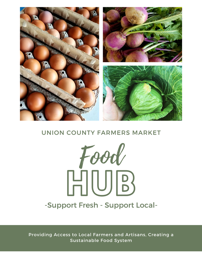 Union County Farmers Market flyer: Food HUB; eggs, turnips, cabbage; "Support Fresh - Support Local"