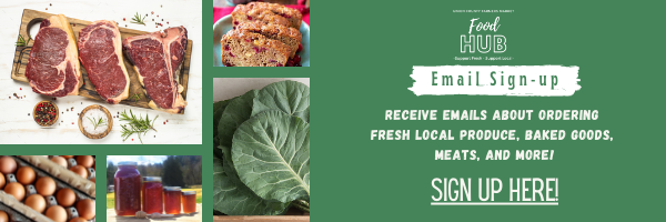 Local foods collage and panel text: Email Sign-up — Receive emails about ordering fresh produce, baked goods, meats.