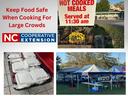 Hot Cooked Meals sign, foam take out boxes, meal service tent, Keep Food Safe when cooking for large crowds