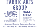 Fabric Arts Group: second Thursday monthly, 9AM–12PM, Scotland County Extension Center, 231 E Cronly St