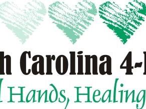 North Carolina 4-H with three sketched hearts, 4-H clover, text "Helpful Hands, Healing Hearts"