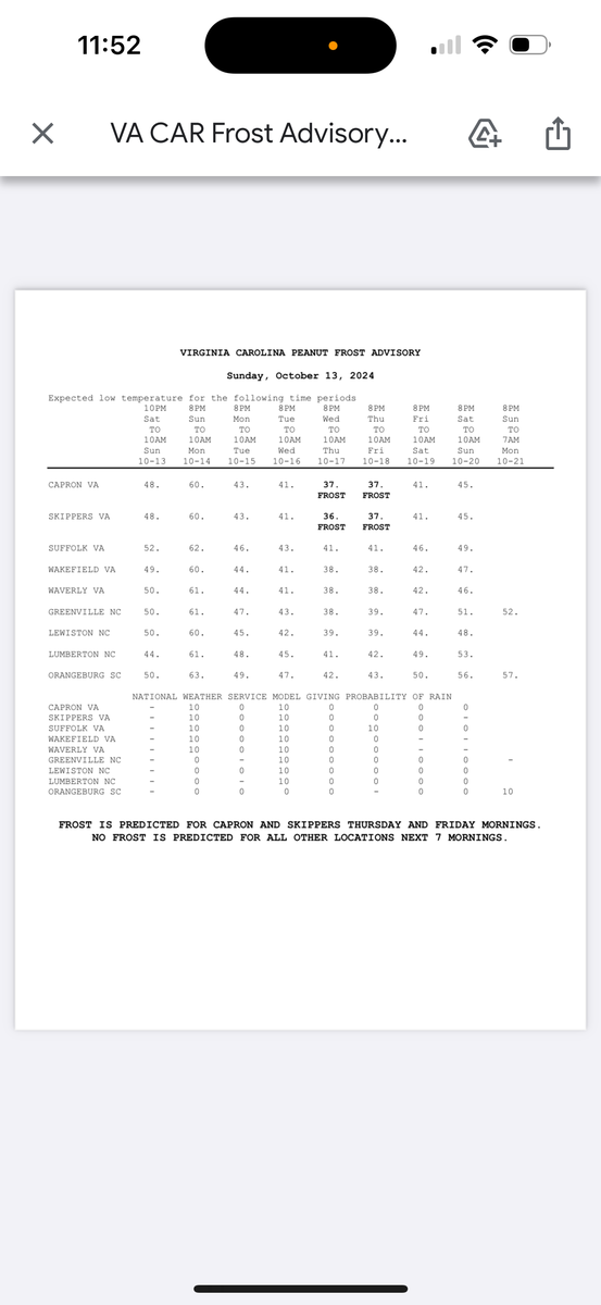 Frost advisory showing frost in Capron and Skippers, VA.