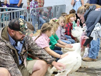 Children and adults seated petting white turkeys inside a livestock pen