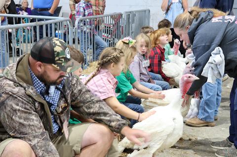 Children and adults seated petting white turkeys inside a livestock pen